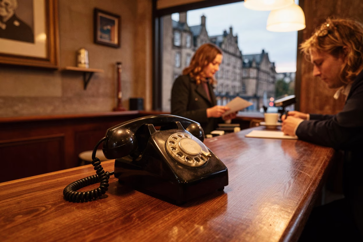 Edinburgh 1960s Hotel Reception with Vintage Bakelite Telephone and Honeyed Evening Light in in Edinburgh, United Kingdom