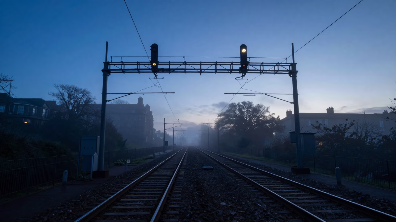 Edinburgh Blue Hour Signal Gantry Above Parallel Rail Lines in Mist in in Edinburgh, United Kingdom