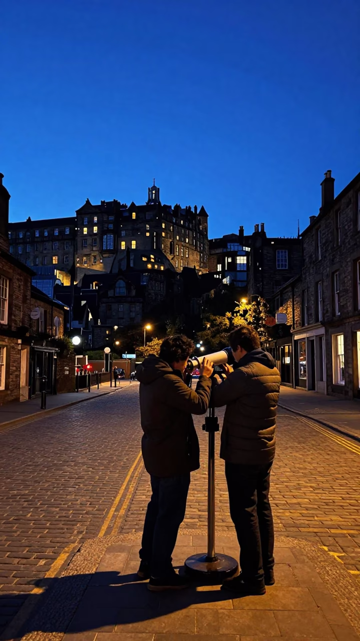 Edinburgh Blue Hour Street Scene with Astronomer Calibrating Telescope Near Castle in in Edinburgh, United Kingdom
