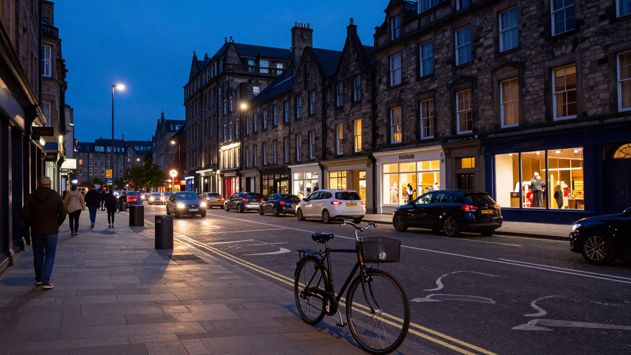 Edinburgh Blue Hour Street Scene with Bicycle and Busy Traffic in in Edinburgh, United Kingdom