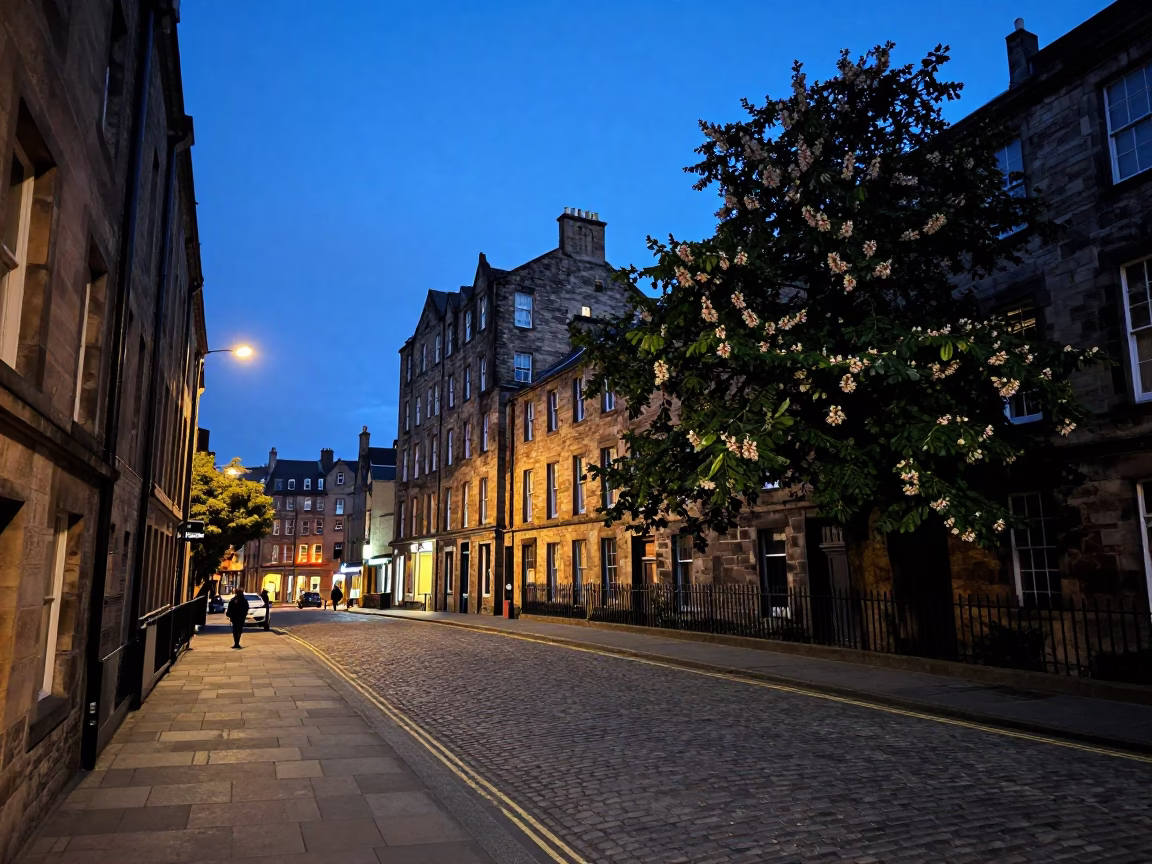 Edinburgh Blue Hour Street Scene with Chestnut Husks and Stone Architecture in in Edinburgh, United Kingdom