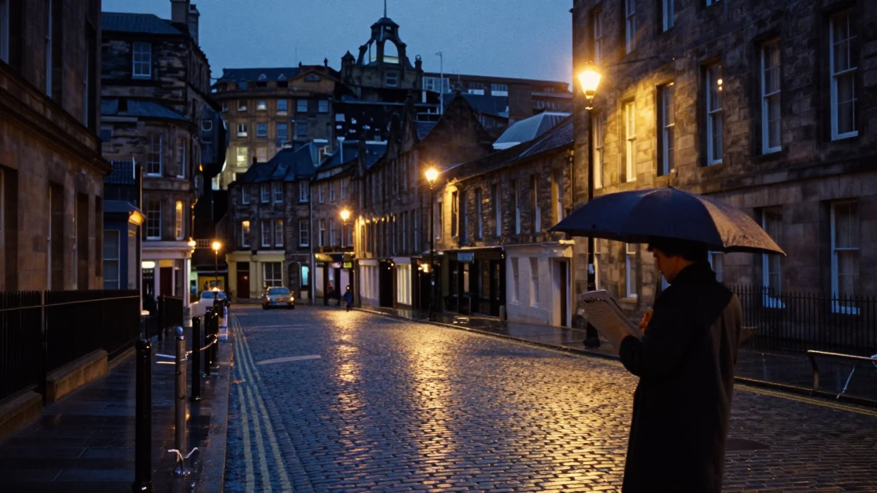 Edinburgh Blue Hour Street Scene with Clipboard and Umbrella in in Edinburgh, United Kingdom