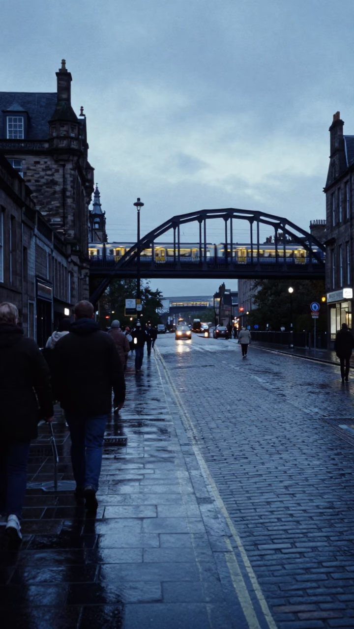 Edinburgh Blue Hour Street Scene with Commuter Train Crossing Bridge and Mossy Stone Wall in in Edinburgh, United Kingdom