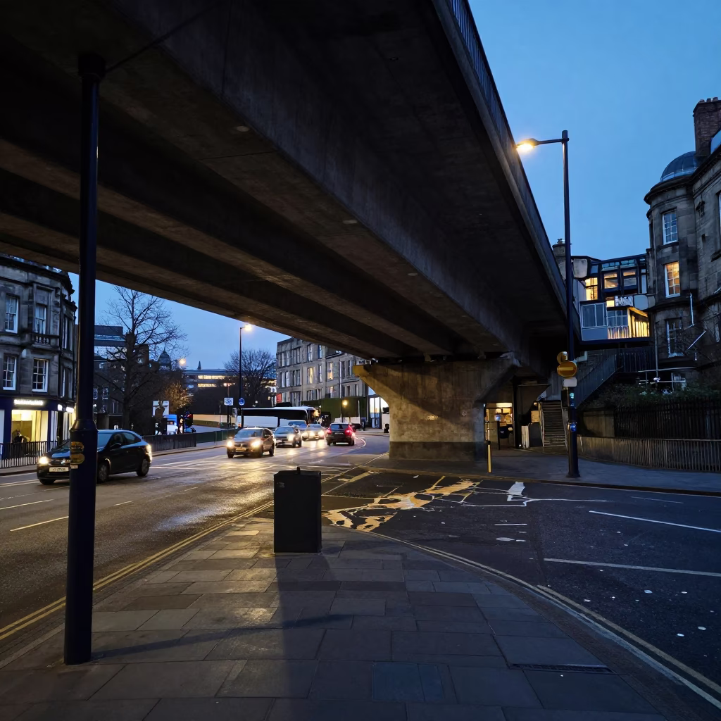 Edinburgh Blue Hour Street Scene with Flyover and Urban Details in in Edinburgh, United Kingdom