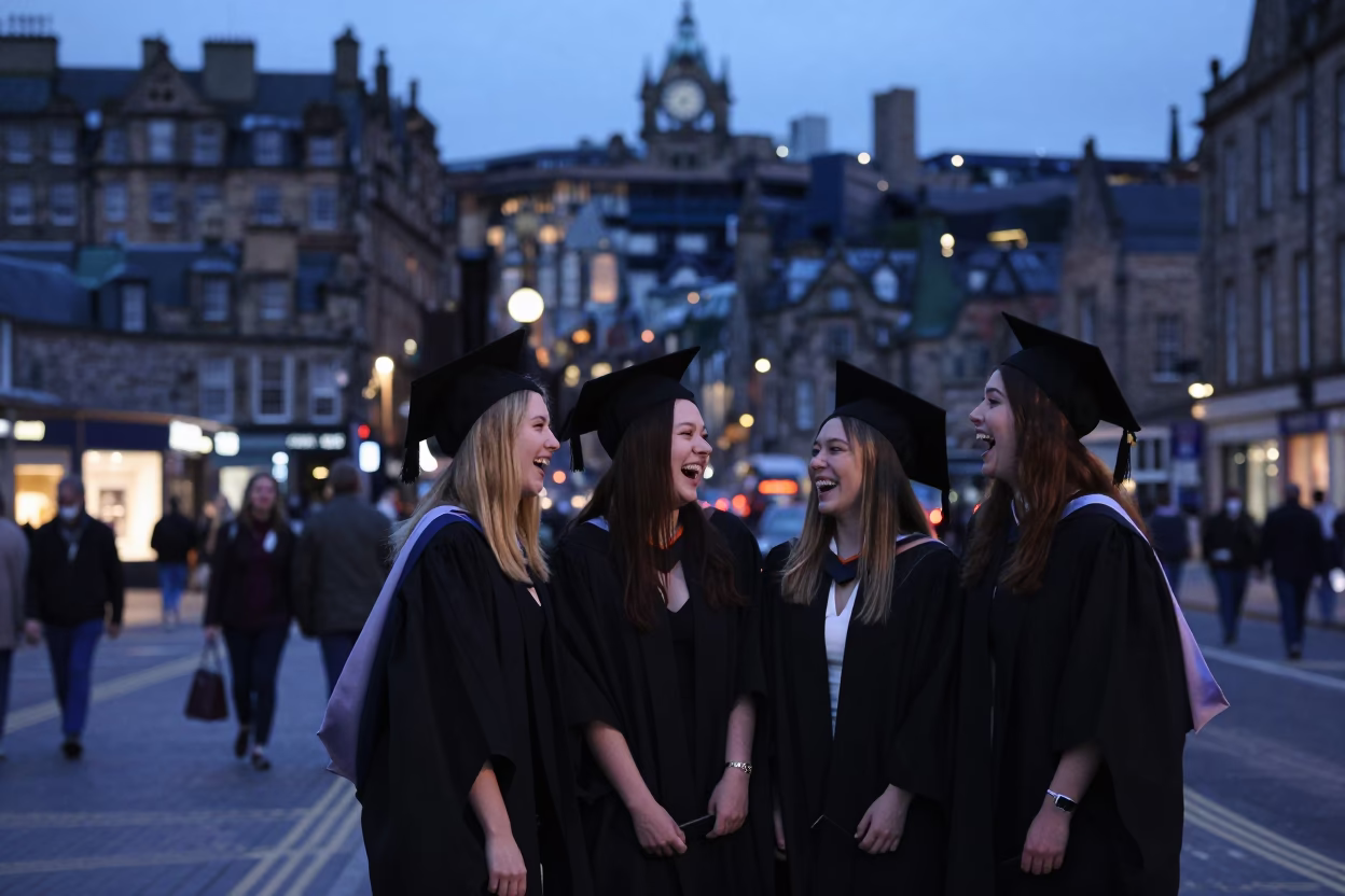 Edinburgh Blue Hour Street Scene with Graduation Gowns and City Lights in in Edinburgh, United Kingdom