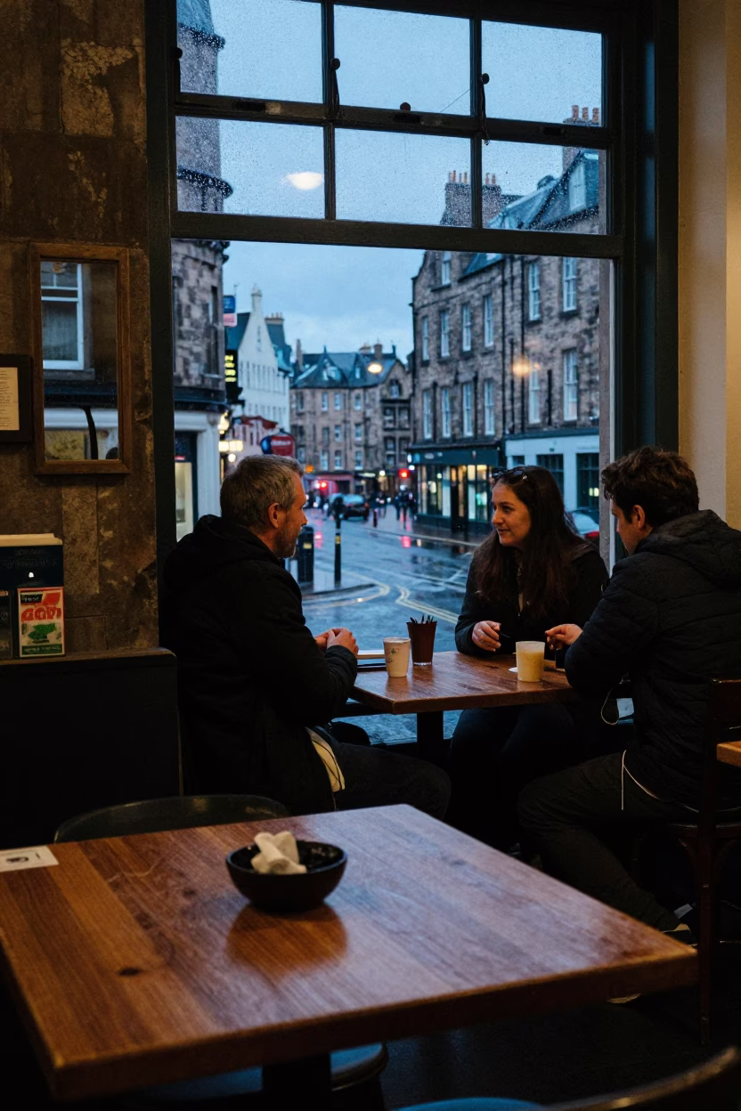 Edinburgh Blue Hour Street Scene with Key Bowl and Local Interaction in in Edinburgh, United Kingdom