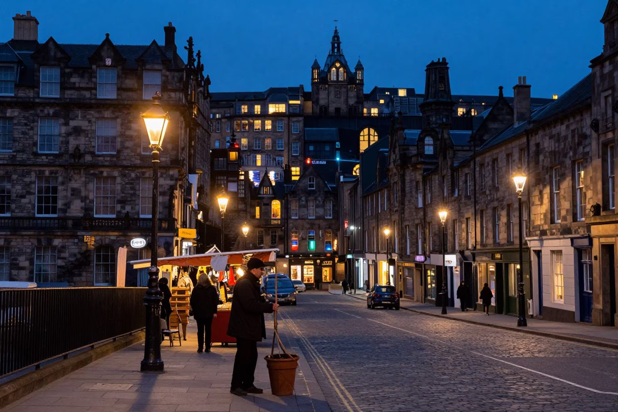 Edinburgh Blue Hour Street Scene with Market Porter and City Lights in in Edinburgh, United Kingdom