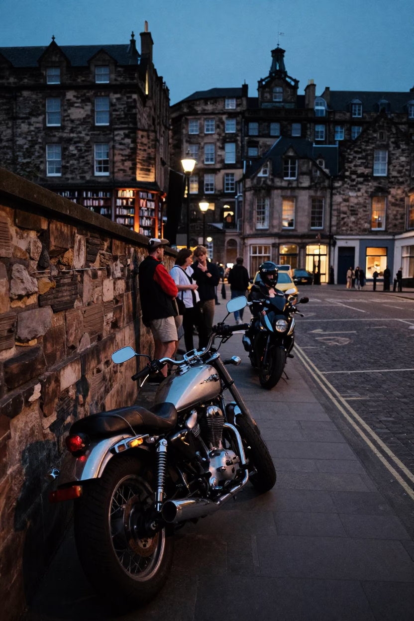 Edinburgh Blue Hour Street Scene with Motorbike and Library Students in in Edinburgh, United Kingdom