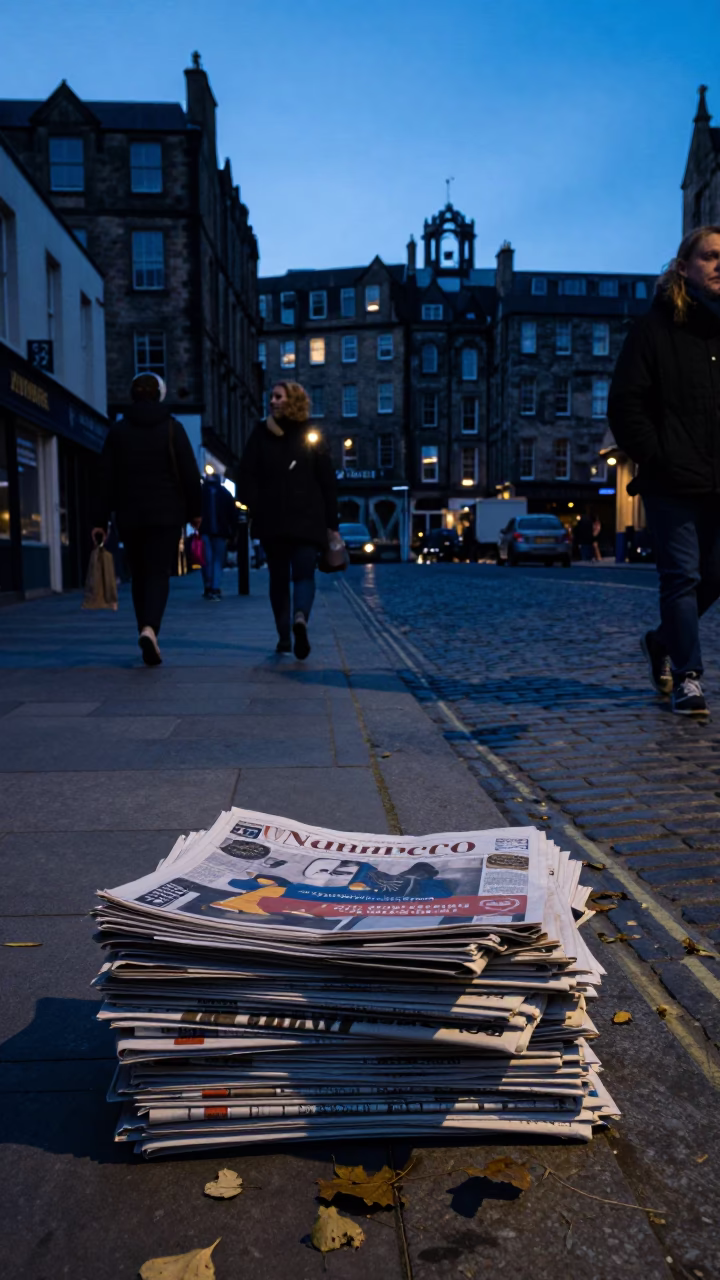 Edinburgh Blue Hour Street Scene with Newspaper Stack and Leaf Shadows in in Edinburgh, United Kingdom