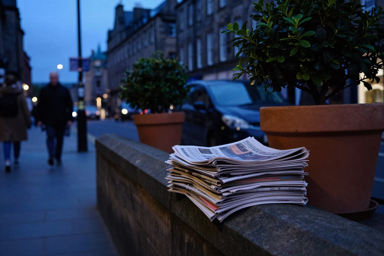 Edinburgh Blue Hour Street Scene with Newspaper Stack and Plant Pot in in Edinburgh, United Kingdom