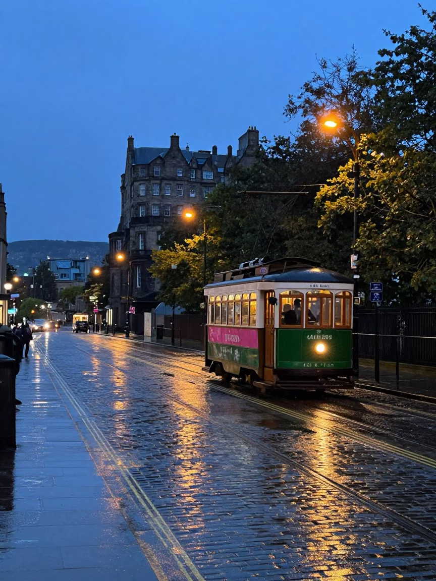Edinburgh Blue Hour Street Scene with Old Trolley and Rain-Soaked Pink Peonies in in Edinburgh, United Kingdom