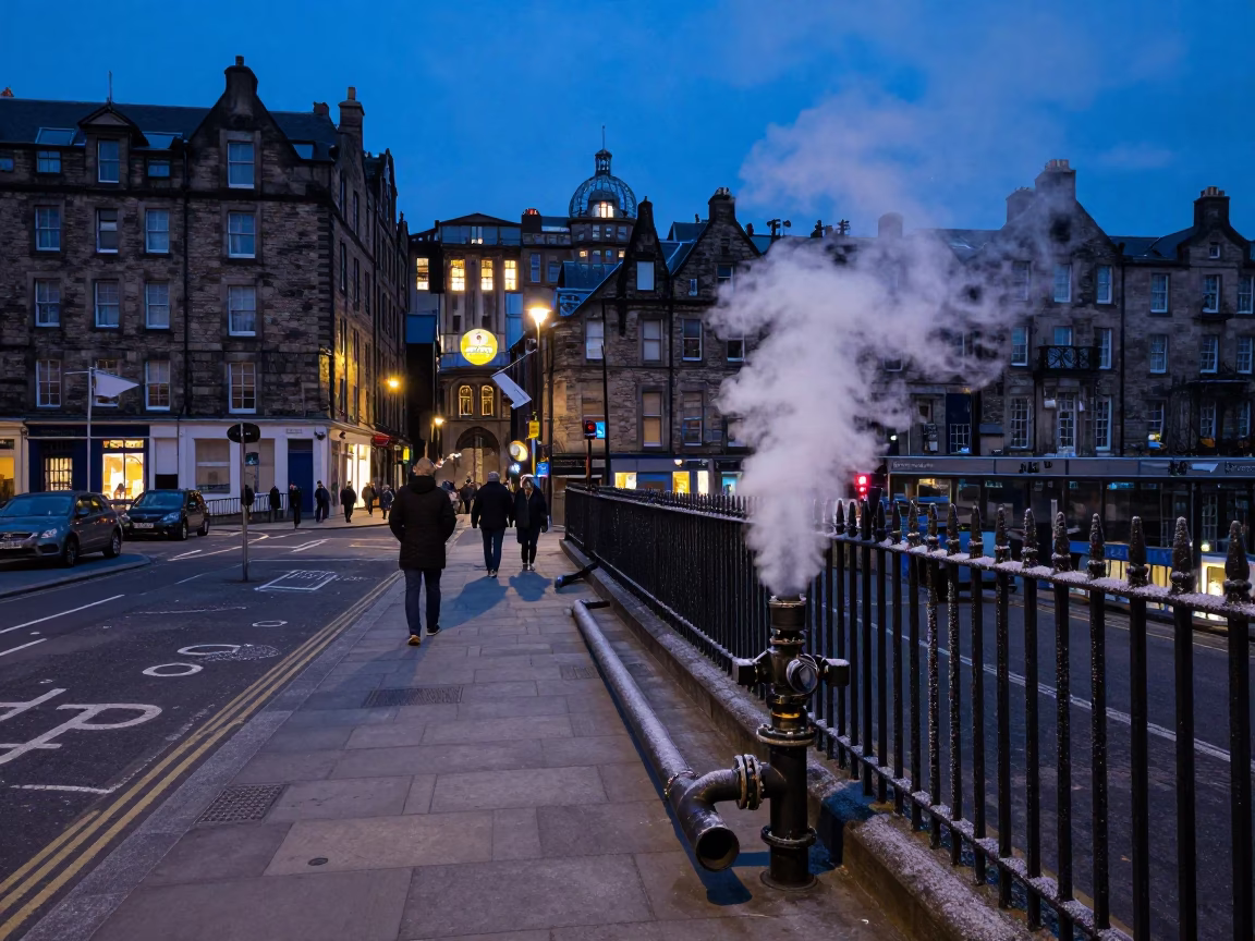 Edinburgh Blue Hour Street Scene with Steaming District Heating Pipe and Foggy Observatory Silhouette in in Edinburgh, United Kingdom