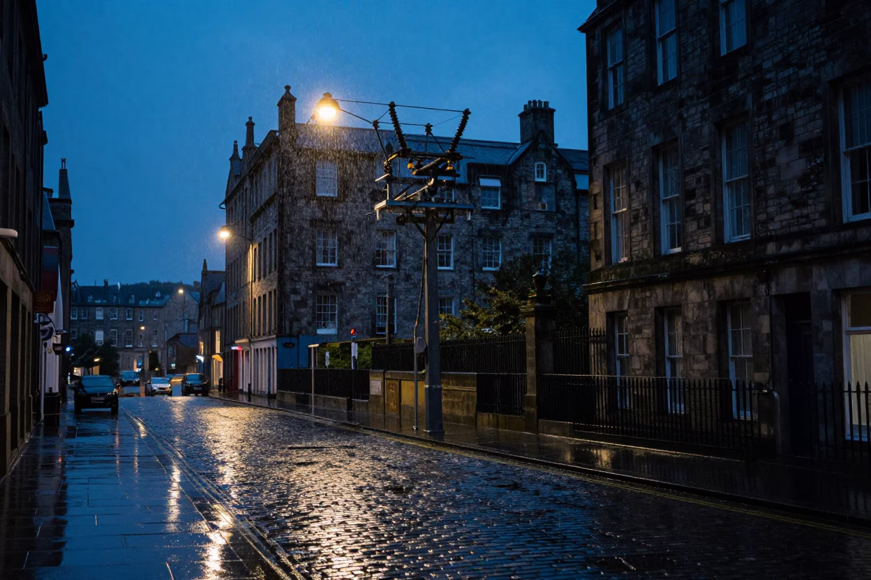 Edinburgh Blue Hour Street Scene with Substation Insulators Sparkling in Rain Under Floodlights in in Edinburgh, United Kingdom
