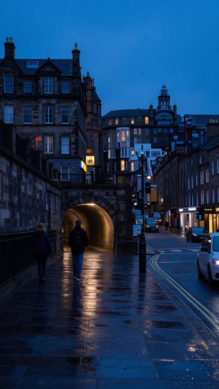 Edinburgh Blue Hour Street Scene with Tunnel Retaining Wall and Urban Twilight Atmosphere in in Edinburgh, United Kingdom