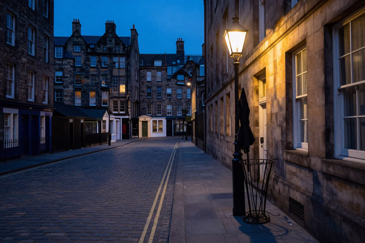 Edinburgh Blue Hour Street Scene with Umbrella Stand and Lantern in in Edinburgh, United Kingdom