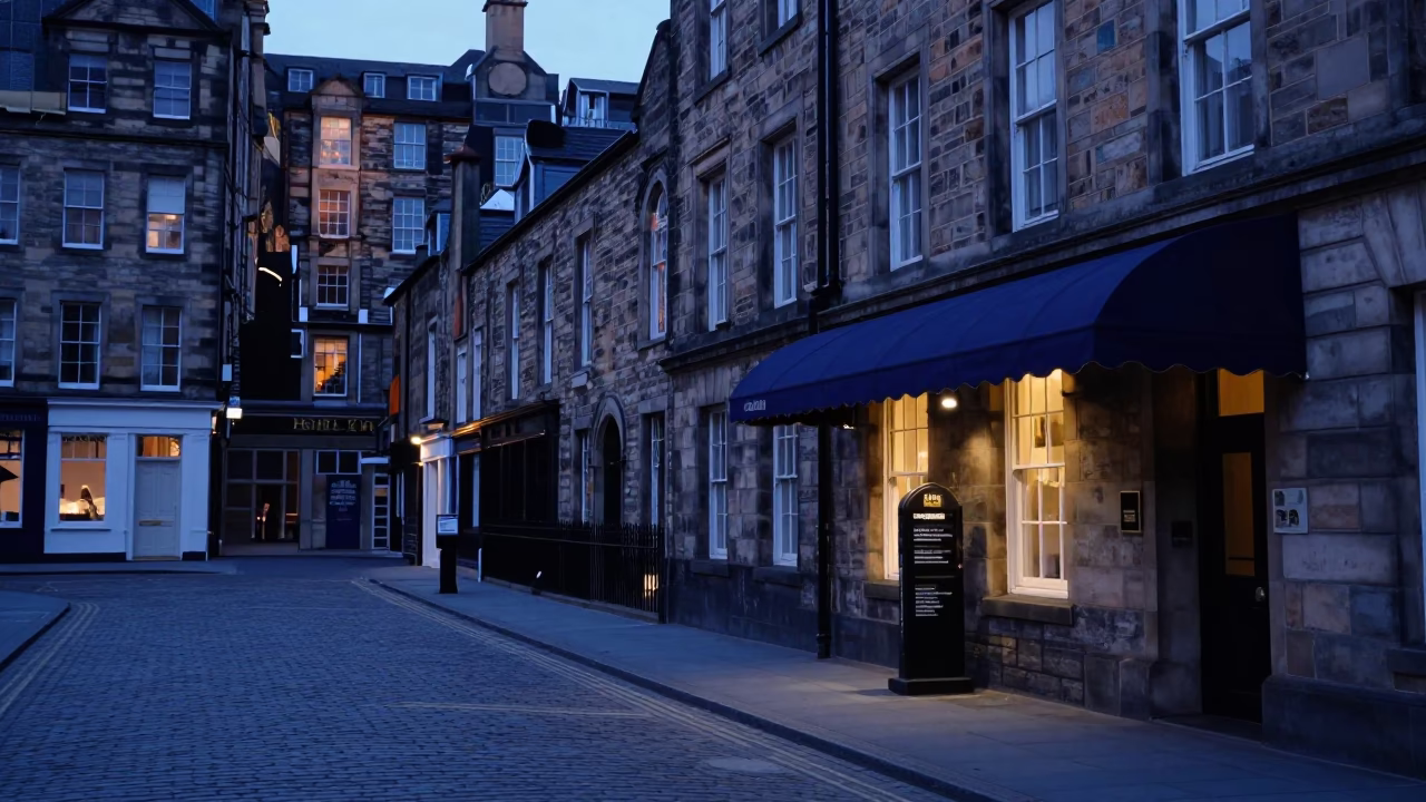 Edinburgh Blue Hour Street Scene with Valet Stand and Hotel Awning Reflections in in Edinburgh, United Kingdom