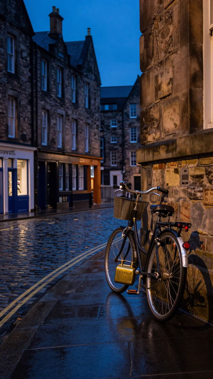 Edinburgh Blue Hour Street Scene with Vintage Brass Bicycle Lock and Twine Detail in in Edinburgh, United Kingdom