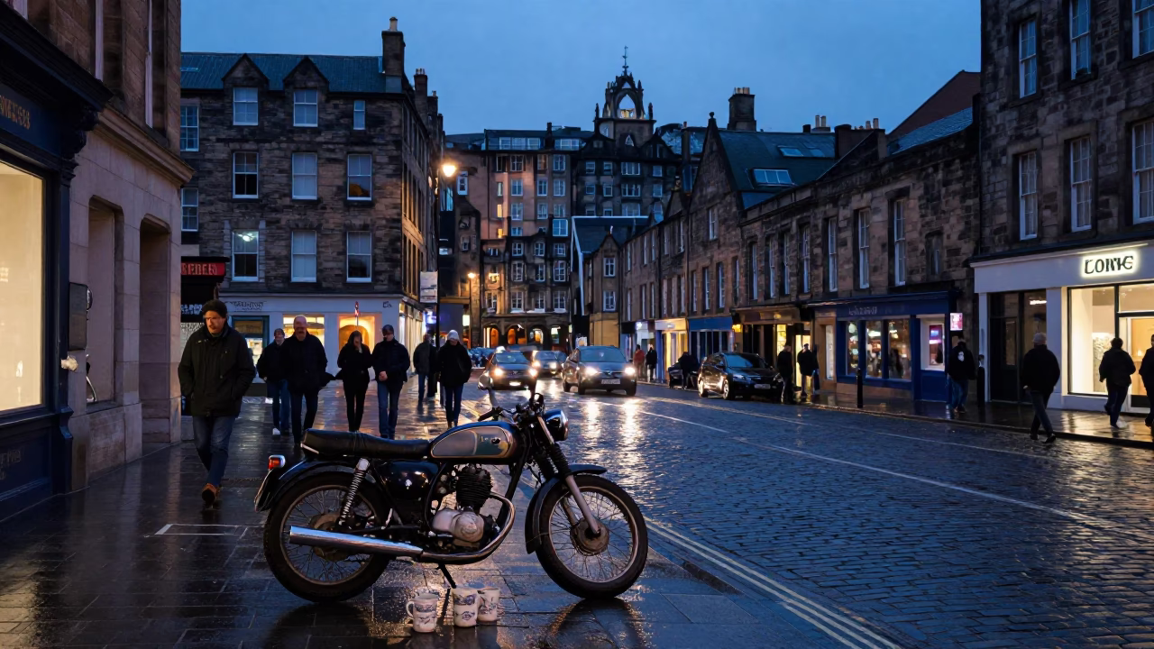 Edinburgh Blue Hour Street Scene with Vintage Motorcycle and Ceramic Mugs in in Edinburgh, United Kingdom