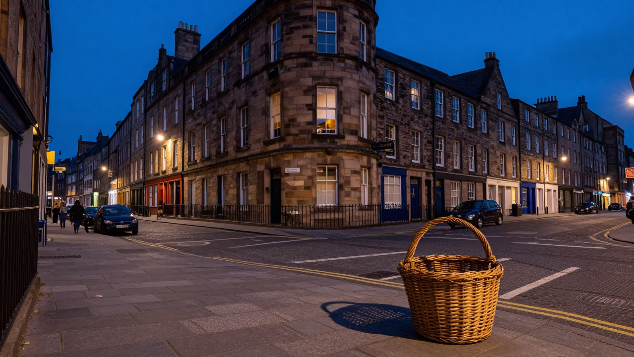 Edinburgh Blue Hour Street Scene with Wicker Basket Shadow and Historic Stone Architecture in in Edinburgh, United Kingdom