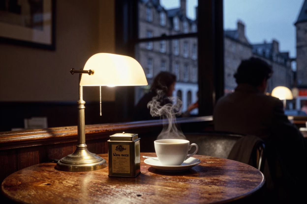 Edinburgh Cafe Interior at Twilight with Tea Tin and Desk Lamp in in Edinburgh, United Kingdom