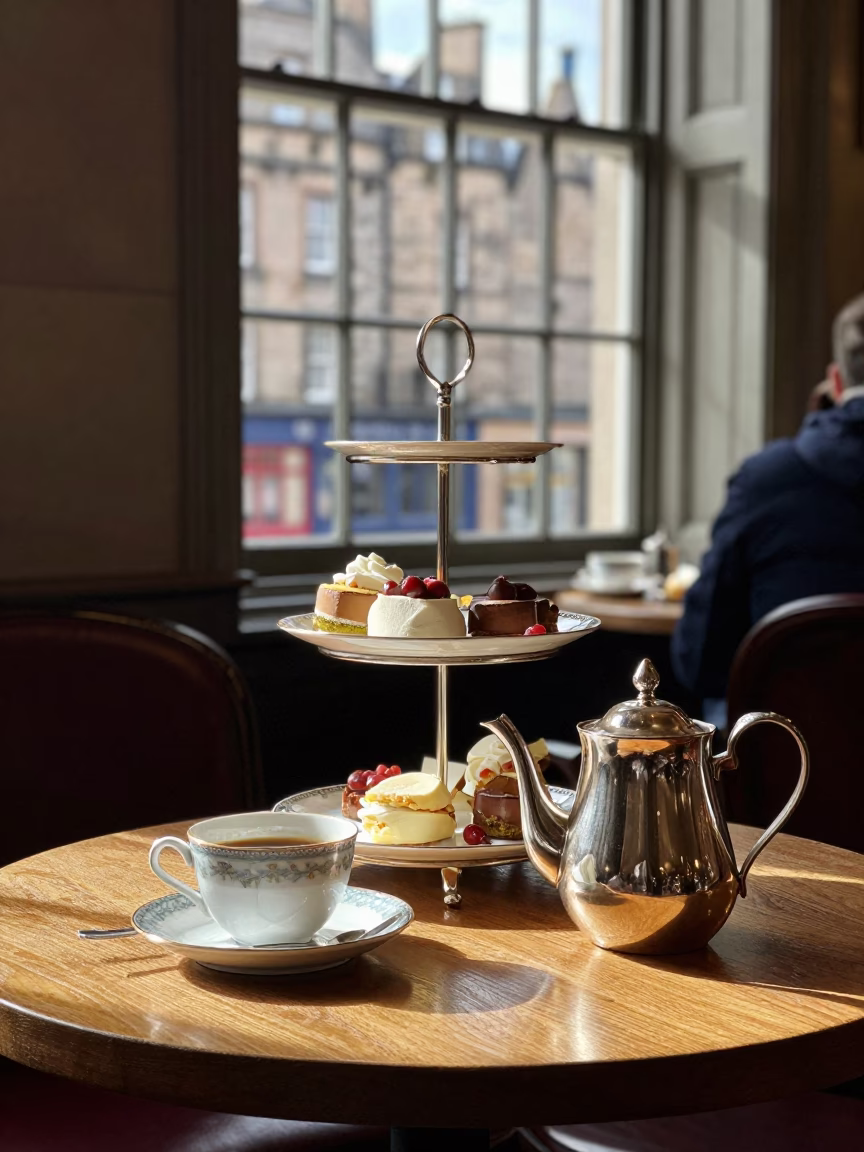 Edinburgh Cafe Interior Late Afternoon Tea Service with Brass Details and Ceramic Ware in in Edinburgh, United Kingdom