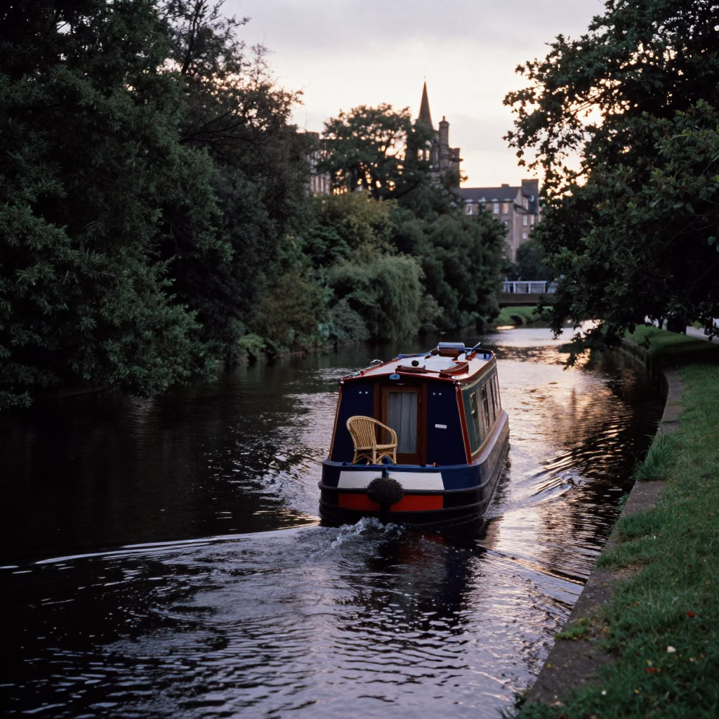Edinburgh Canal Barge at Dusk with Wicker Chair and Lantern in in Edinburgh, United Kingdom