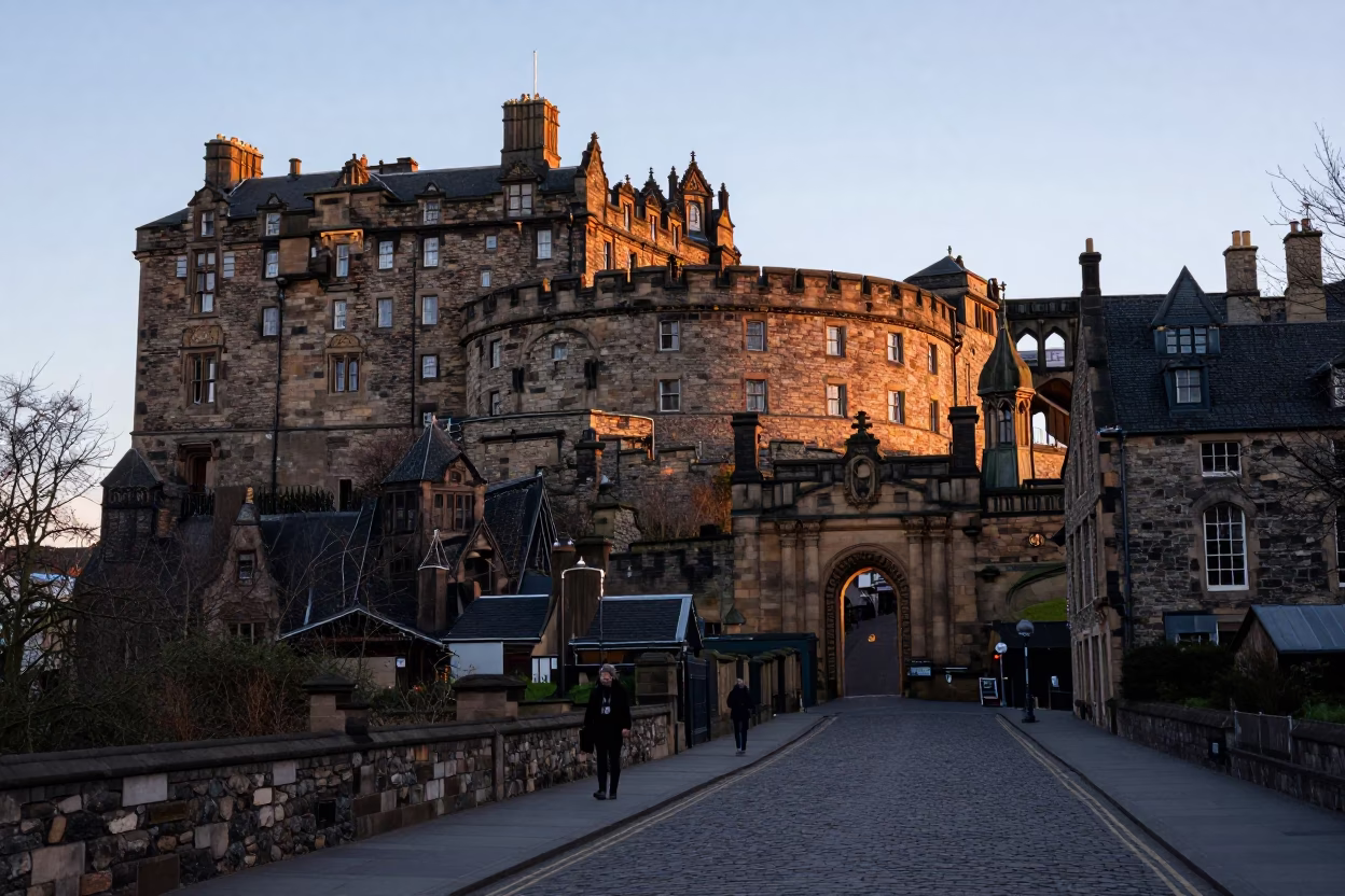Edinburgh Castle and Royal Mile cobblestones in early evening twilight in in Edinburgh, United Kingdom