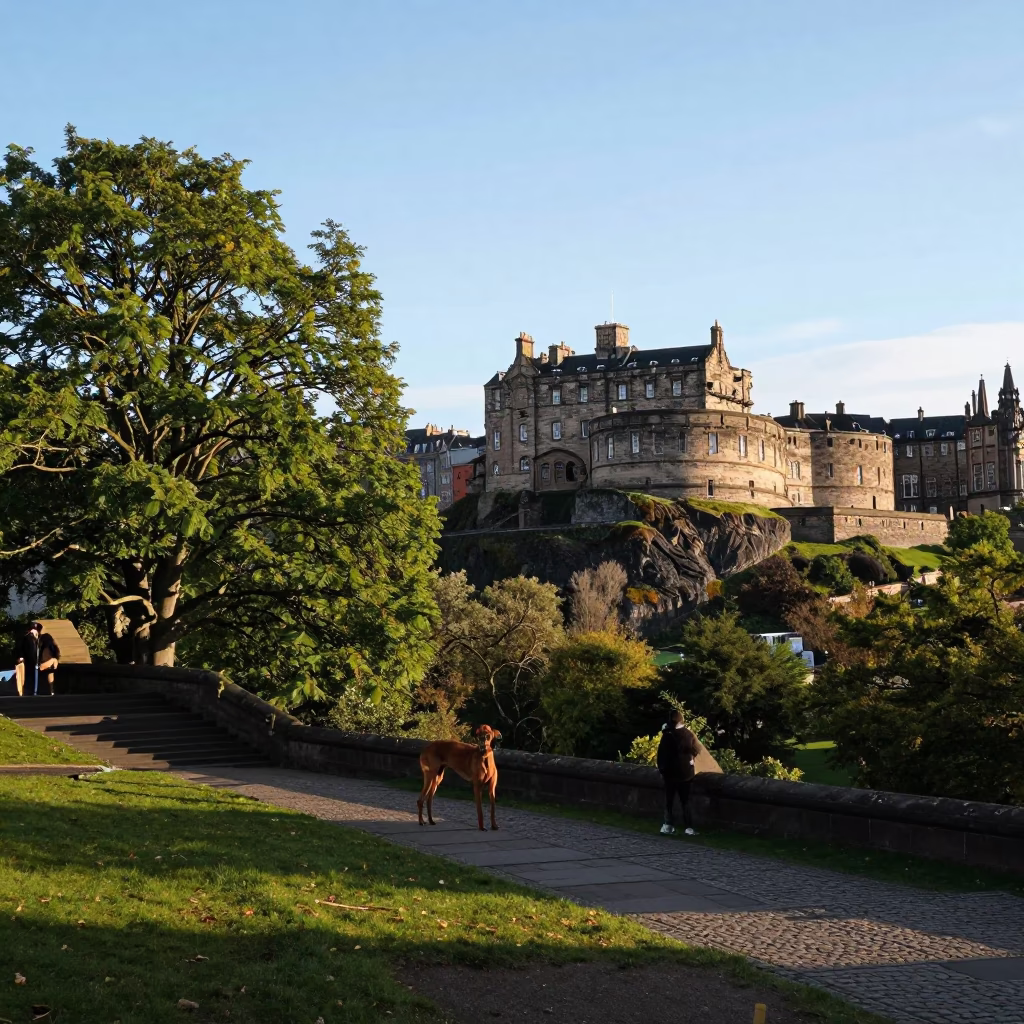 Edinburgh Castle Hill View with Tree and Vizsla in Late Morning Light in in Edinburgh, United Kingdom