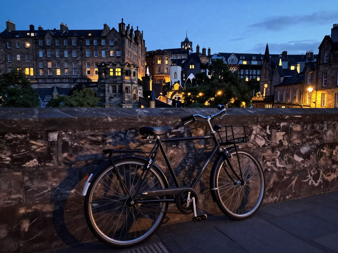 Edinburgh Castle Illuminated at Dusk with Vintage Bicycle and City Lights in in Edinburgh, United Kingdom