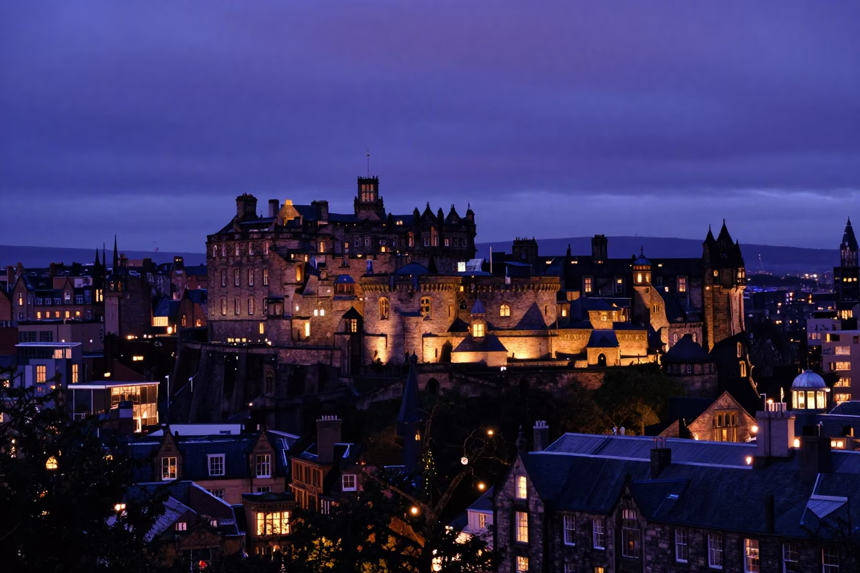 Edinburgh Castle Illuminated in Indigo Twilight with City Lights and Street Lantern in in Edinburgh, United Kingdom