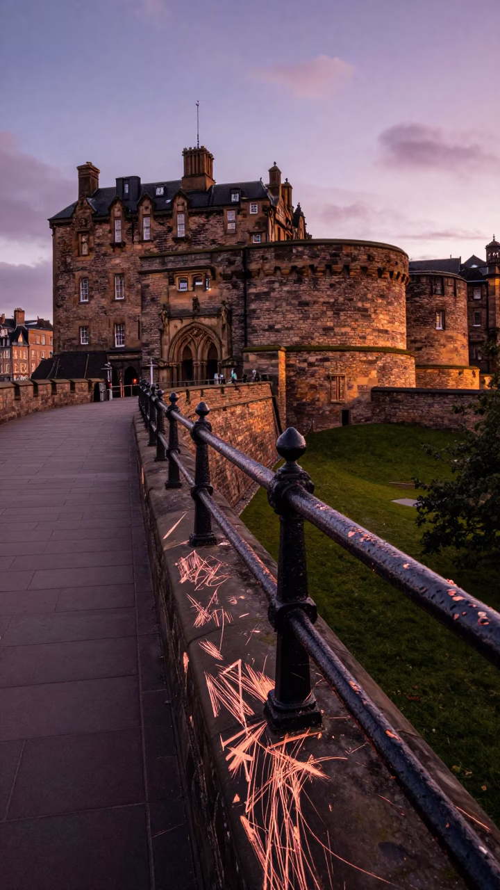 Edinburgh Castle Ramparts at Dusk with Stone Scratches and City Lights in in Edinburgh, United Kingdom