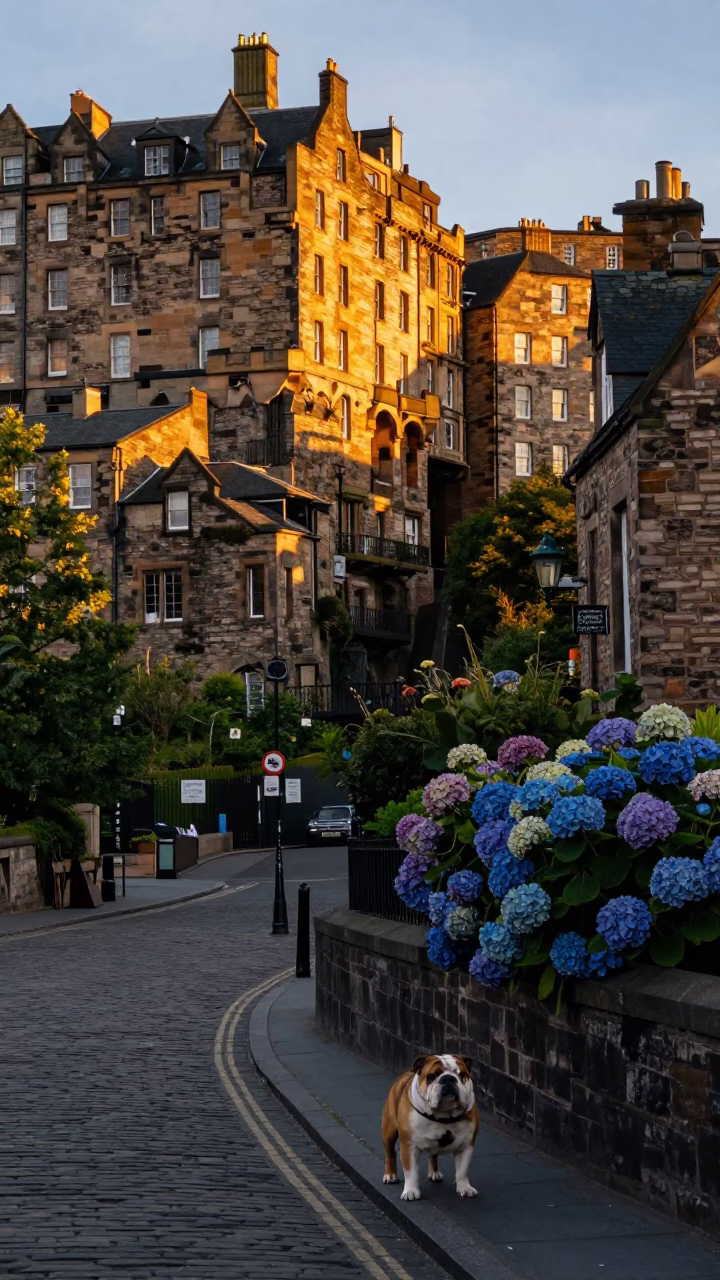 Edinburgh Castle Rock Golden Hour Street Scene with Bulldog and Hydrangeas in in Edinburgh, United Kingdom