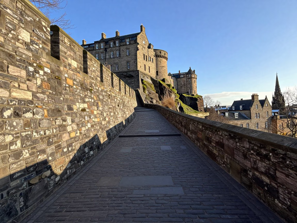 Edinburgh Castle Rock Pathway with Stone Steps and Historic Architecture in Late Afternoon Light in in Edinburgh, United Kingdom