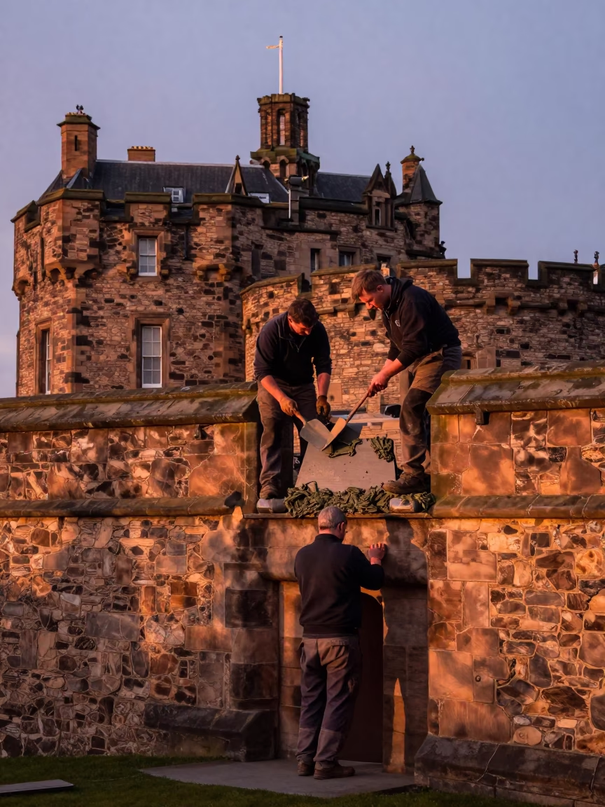 Edinburgh Castle Stone Masons Working in Copper Dusk Light with Wet Mortar and Trowel in in Edinburgh, United Kingdom