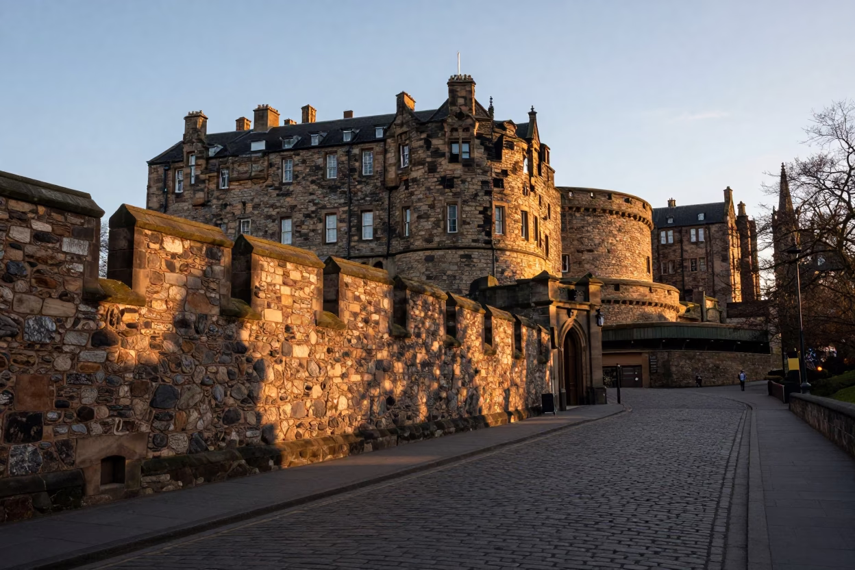 Edinburgh Castle Stone Wall and Cobblestone Street at Sunrise with Local Pedestrians in in Edinburgh, United Kingdom