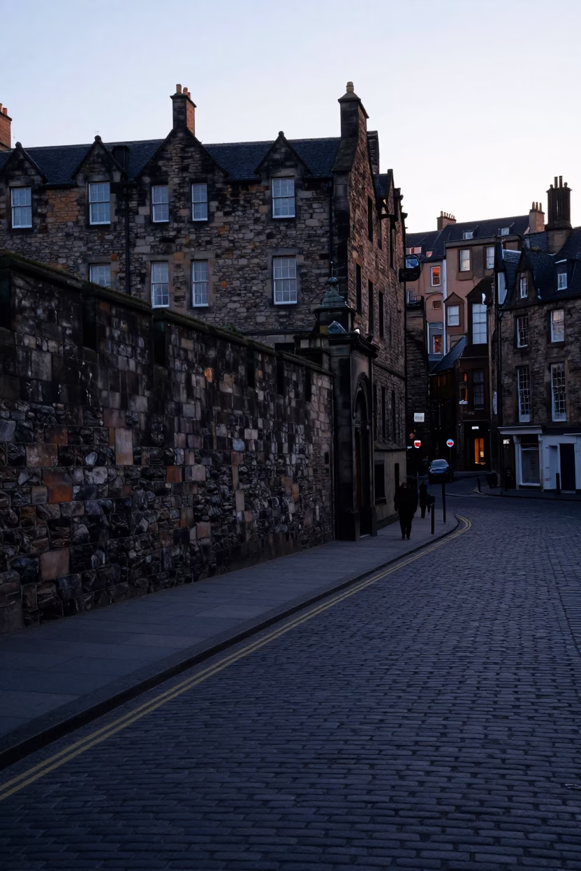 Edinburgh Castle Stone Wall and Cobblestone Street Before Sunrise in United Kingdom in in Edinburgh, United Kingdom