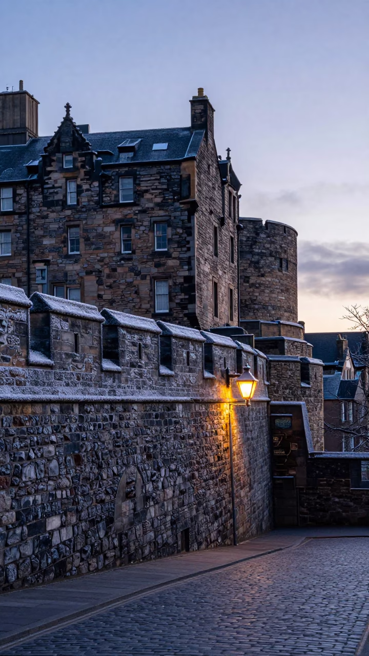Edinburgh Castle Stone Walls Frosty Dawn Light Before Sunrise United Kingdom in in Edinburgh, United Kingdom