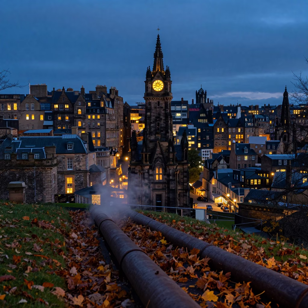 Edinburgh City Lights Glow at Dusk with Victorian Sandstone Architecture and Steaming Trench in in Edinburgh, United Kingdom