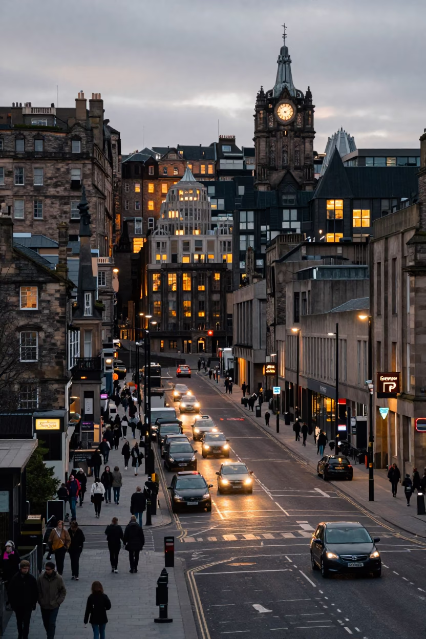 Edinburgh City Lights Glow Over Busy Street Scene With Concrete Brutalist Building in in Edinburgh, United Kingdom
