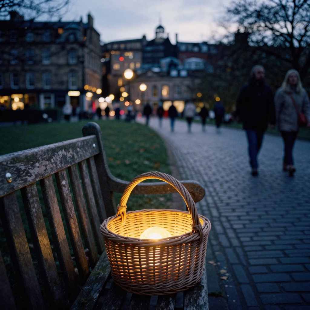 Edinburgh City Lights Glow Over Wicker Basket and Park Bench at Dusk in in Edinburgh, United Kingdom