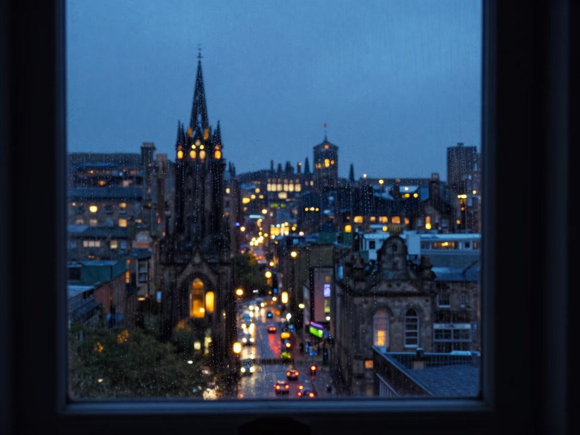 Edinburgh City Lights Glowing at Dusk with Condensation on Window Frame and Flowerpot in in Edinburgh, United Kingdom