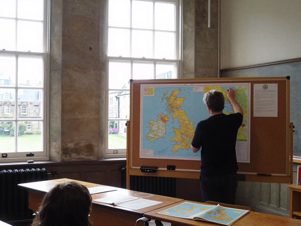 Edinburgh Classroom Geography Lesson with Maps and Atlases in Bright Midmorning Light in in Edinburgh, United Kingdom