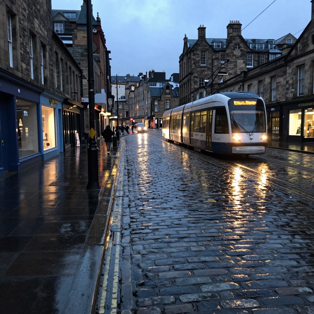 Edinburgh Cobblestone Street at Nautical Dawn with Tramcar Reflection and Rain in in Edinburgh, United Kingdom