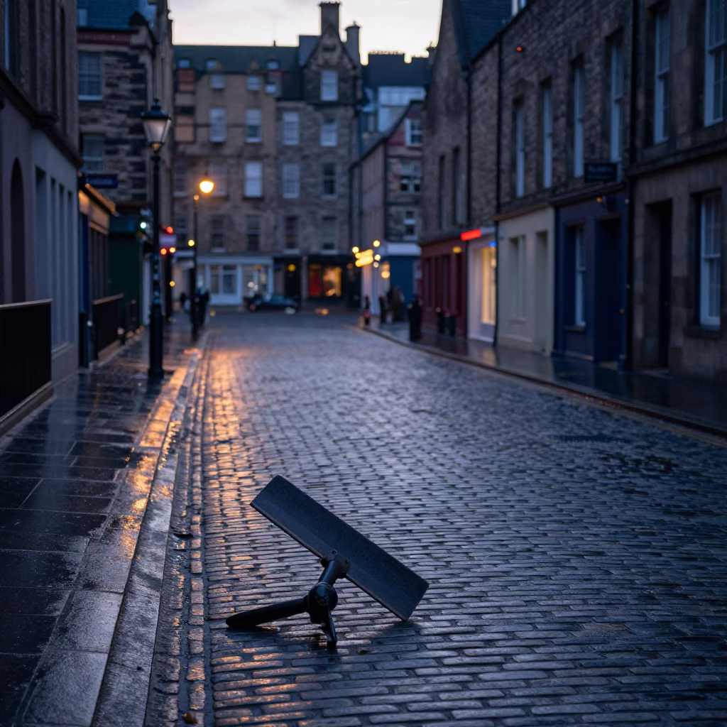 Edinburgh cobblestone street scene before sunrise with boot scraper and wet stone architecture in in Edinburgh, United Kingdom