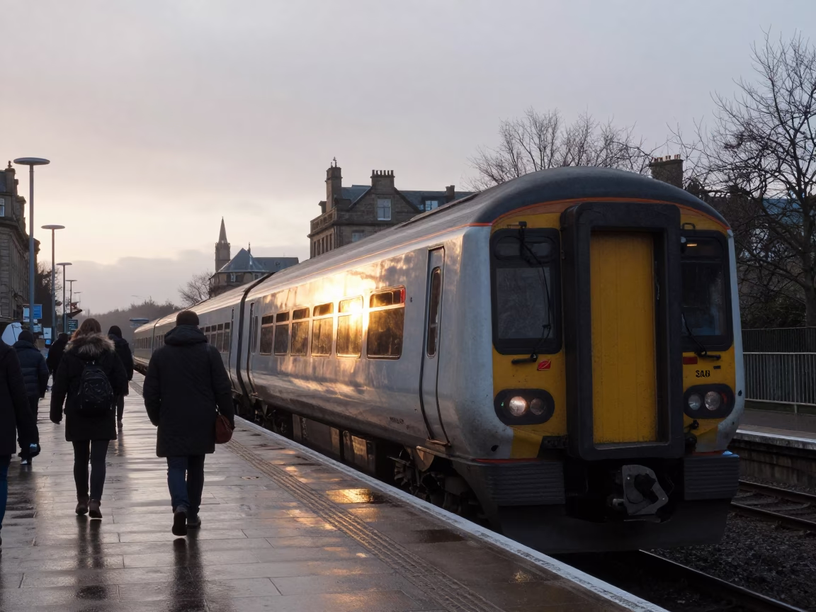 Edinburgh Commuter Train at Dawn Platform with Morning Passengers and Wet Brick Architecture in in Edinburgh, United Kingdom