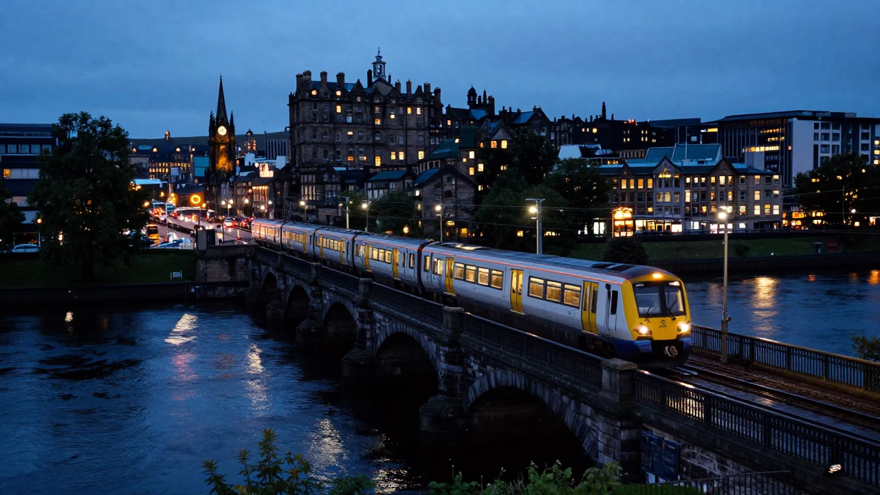 Edinburgh Commuter Train Crossing Bridge at Blue Hour City Lights Glow in in Edinburgh, United Kingdom