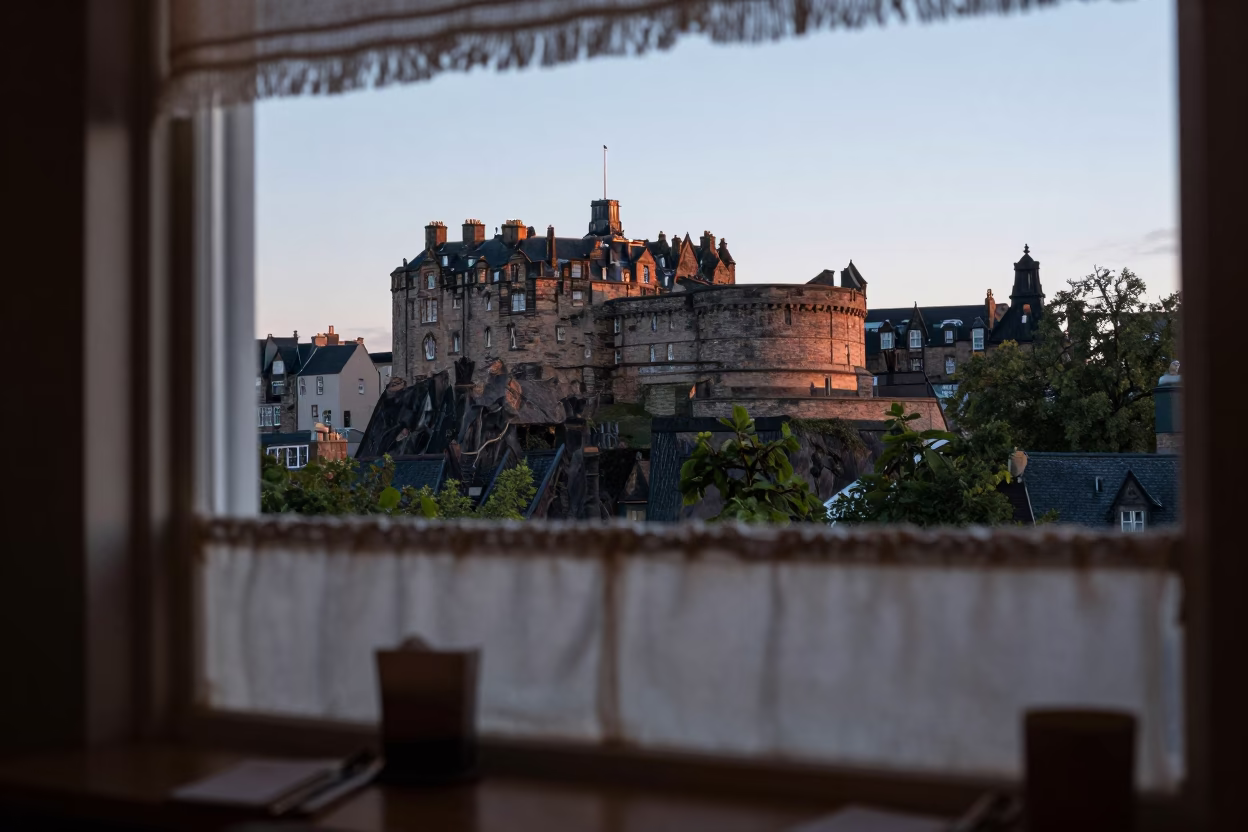 Edinburgh Dawn Light on Castle Rock with Linen Fringe and Tea Stains in in Edinburgh, United Kingdom