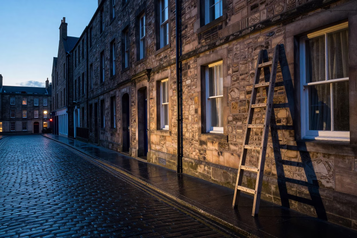 Edinburgh Dawn Street at Nautical Dawn Light in in Edinburgh, United Kingdom
