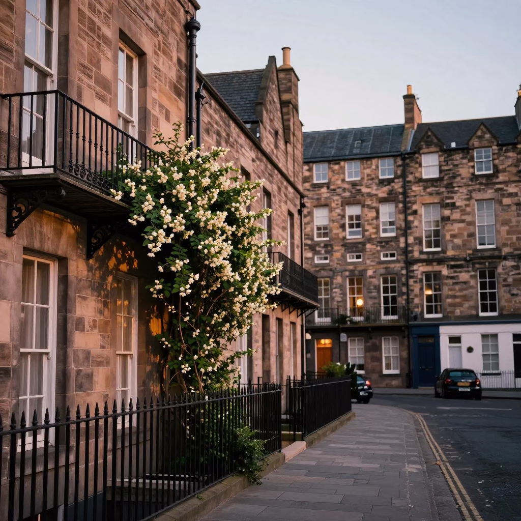 Edinburgh Dawn Street Scene with Climbing Jasmine and Historic Stone Architecture in in Edinburgh, United Kingdom