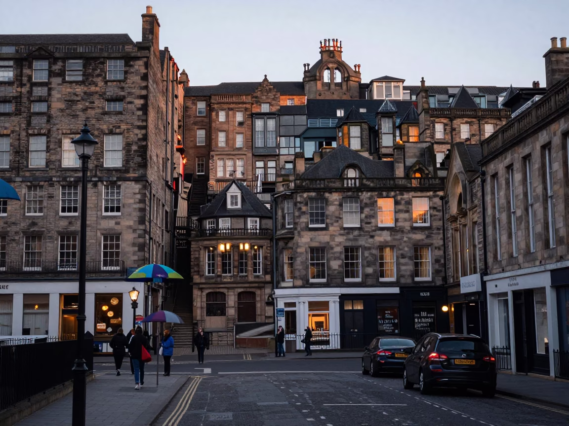 Edinburgh Dawn Street Scene with Colorful Umbrellas and Historic Stone Architecture at First Light in in Edinburgh, United Kingdom